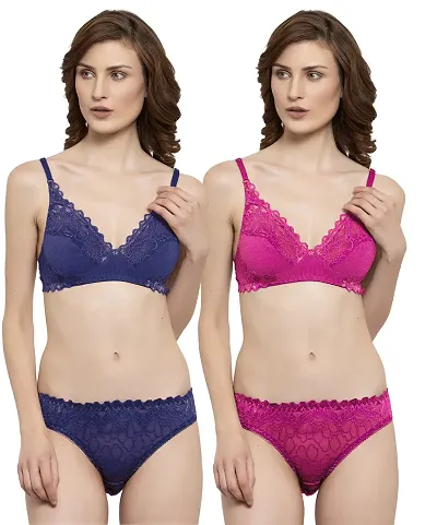 Elegant Net Self Pattern Bras And Panty Set For Women- Pack Of 2