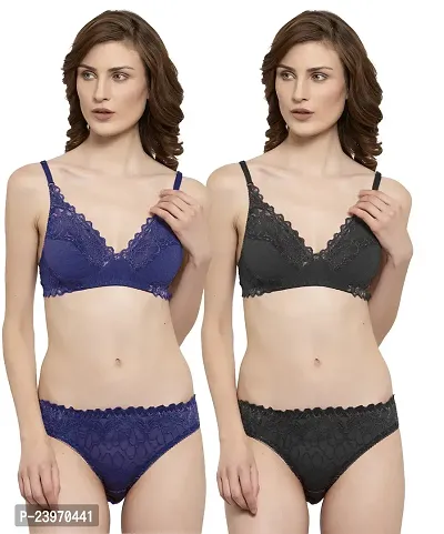 Elegant Net Self Pattern Bras And Panty Set For Women- Pack Of 2