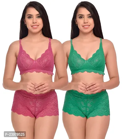 Elegant Net Self Pattern Bras And Panty Set For Women- Pack Of 2