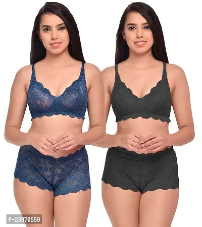 Elegant Net Self Pattern Bras And Panty Set For Women- Pack Of 2-thumb0