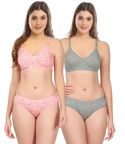 Elegant Self Pattern Bras And Panty Set For Women- Pack Of 2