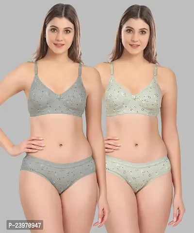 Elegant Cotton Self Pattern Bras And Panty Set For Women- Pack Of 2