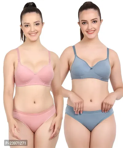 Elegant Cotton Self Pattern Bras And Panty Set For Women- Pack Of 2-thumb0