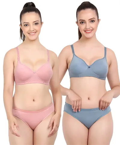 Elegant Self Pattern Bras And Panty Set For Women- Pack Of 2