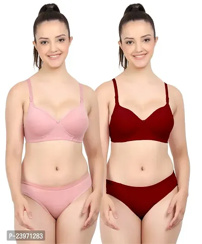 Elegant Cotton Self Pattern Bras And Panty Set For Women- Pack Of 2