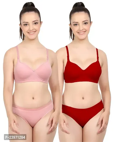 Elegant Cotton Self Pattern Bras And Panty Set For Women- Pack Of 2