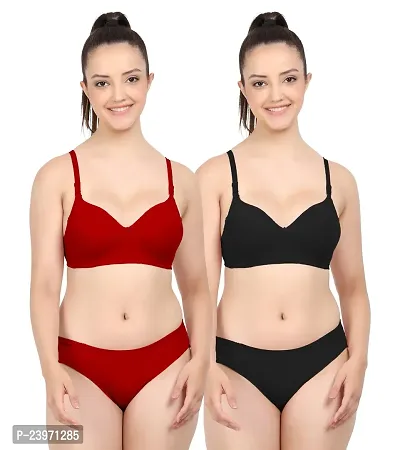 Elegant Cotton Self Pattern Bras And Panty Set For Women- Pack Of 2