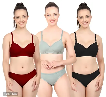 Elegant Cotton Self Pattern Bras And Panty Set For Women- Pack Of 3