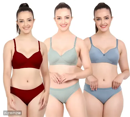 Elegant Cotton Self Pattern Bras And Panty Set For Women- Pack Of 3-thumb0