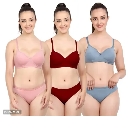 Elegant Cotton Self Pattern Bras And Panty Set For Women- Pack Of 3