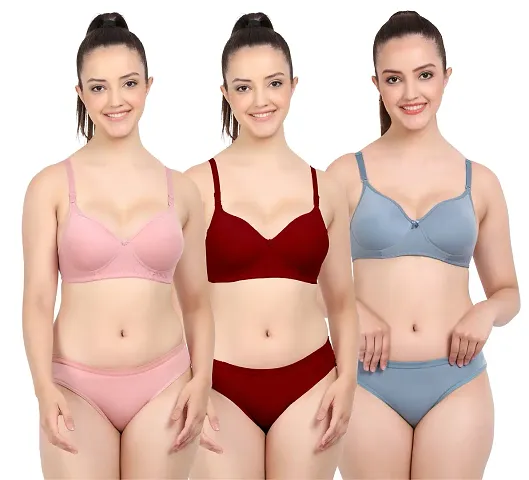 Elegant Self Pattern Bras And Panty Set For Women- Pack Of 3