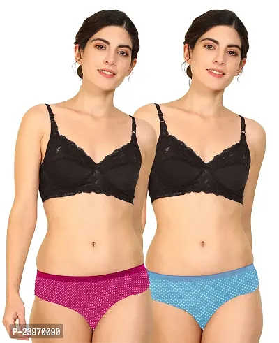 Elegant Cotton Self Pattern Bras And Panty Set For Women- Pack Of 2-thumb0