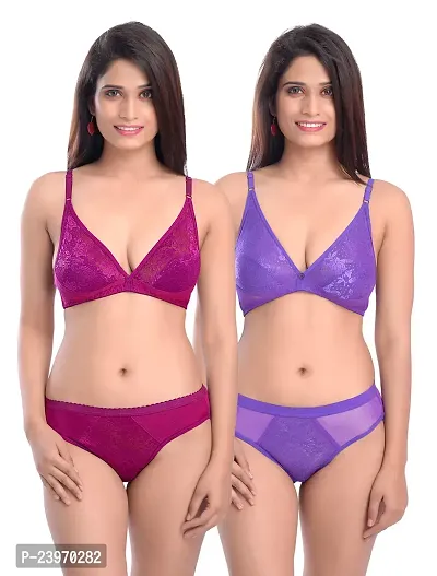 Elegant Cotton Self Pattern Bras And Panty Set For Women- Pack Of 2-thumb0