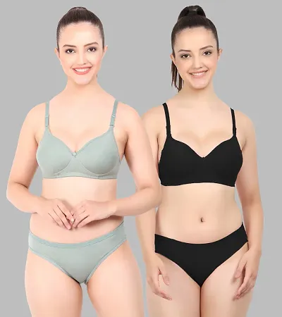 Elegant Self Pattern Bras And Panty Set For Women- Pack Of 2