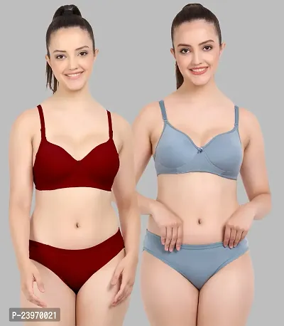 Elegant Cotton Self Pattern Bras And Panty Set For Women- Pack Of 2