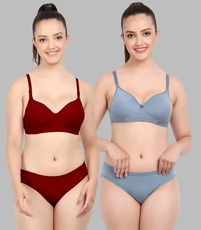 Elegant Self Pattern Bras And Panty Set For Women- Pack Of 2