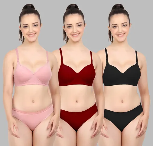 Elegant Self Pattern Bras And Panty Set For Women- Pack Of 3