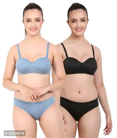 Elegant Cotton Self Pattern Bras And Panty Set For Women- Pack Of 2-thumb0