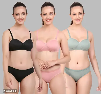 Elegant Cotton Self Pattern Bras And Panty Set For Women- Pack Of 3