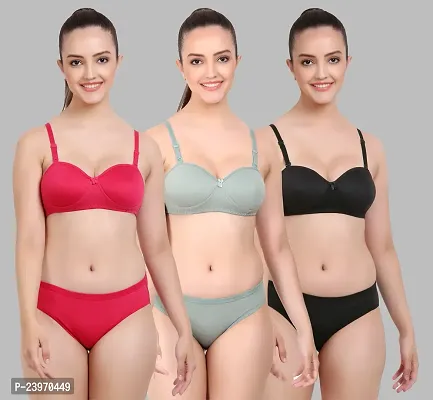 Elegant Cotton Self Pattern Bras And Panty Set For Women- Pack Of 3-thumb0