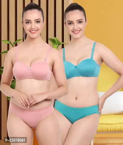 Elegant Cotton Self Pattern Bras And Panty Set For Women- Pack Of 2-thumb0