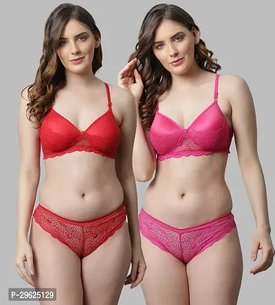 Women Cotton Bra Panty Set for Lingerie Set ( Pack of 2 ) ( Color : Red,Pink )-thumb0