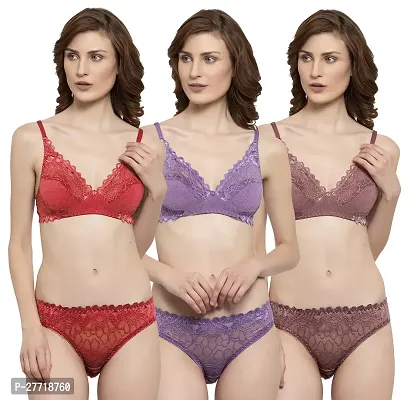 Women Net Bra Panty Set for Lingerie Set Pack of 3  Color : Red,Purple,Maroon