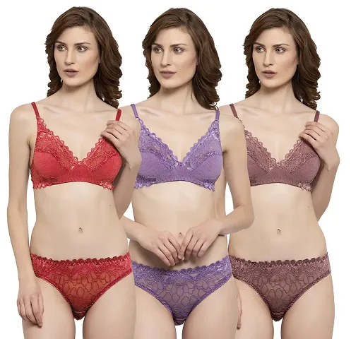 Elegant Net Self Pattern Bras And Panty Set For Women- Pack Of 3