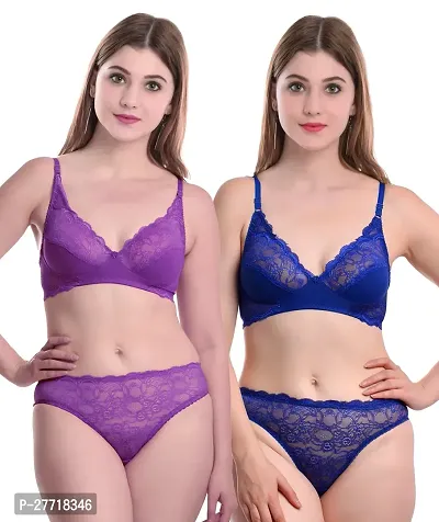 Women Cotton Bra Panty Set for Lingerie Set Pack of 2  Color : Purple,Blue-thumb0