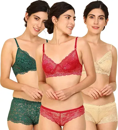 Stylish Self Pattern Lingeria Set For Women- Pack Of 3