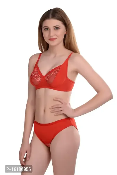 Stylish Red Cotton Self Pattern Bra And Panty Set For Women-thumb2