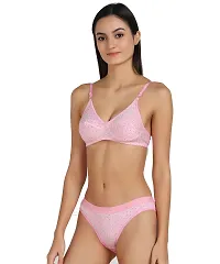 Stylish Pink Cotton Self Pattern Bra And Panty Set For Women-thumb2