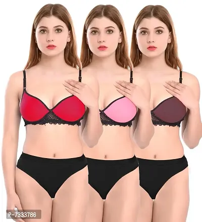 PIBU-Women's Cotton Bra Panty Set for Women Lingerie Set Sexy Honeymoon Undergarments (Color : Red,Pink,Maroon)(Pack of 3)(Size :30) Model No : LPD Set