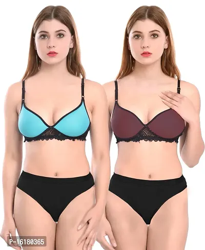 Stylish Cotton Self Pattern Bra And Panty Set For Women- Pack Of 2-thumb0