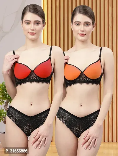 Women Red,Orange Net Bra Panty Set|Lingerie Set|Honeymoon Night Dress Wedding|Valentine Beautiful Gift for Girl|Bra Panty Set for Women with Sexy|Bra Panty Set for Women-thumb0