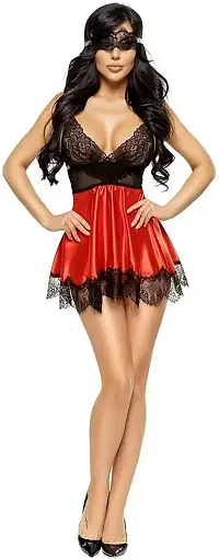 Women Red Designed Babydoll Sexy Lingerie Set Honeymoon Nighty Anniversary Night Dress-thumb1