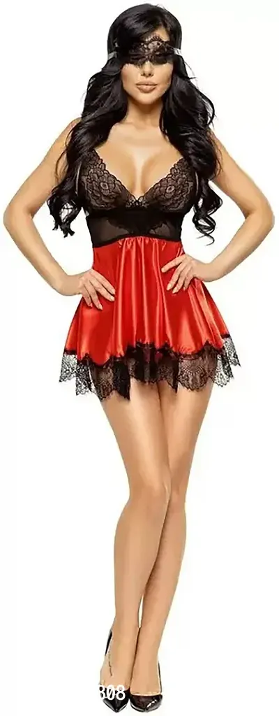 Women Red Designed Babydoll Sexy Lingerie Set Honeymoon Nighty Anniversary Night Dress-thumb2