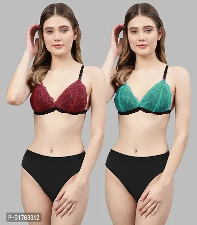 Stylish Women Maroon, Green Net Bra Panty Set - Pack of 2-thumb0