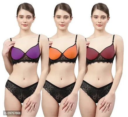 Women Net Bra Panty Set for Lingerie Set ( Pack of 3 ) ( Color : Purple,Orange,Maroon )-thumb0