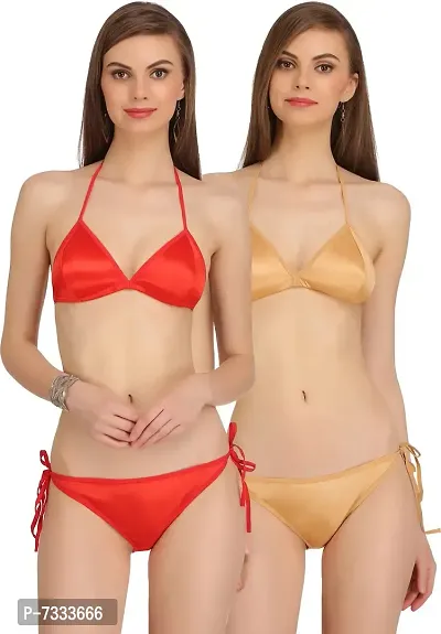 PIBU-Women's Satin Bikini Bra Panty Set for Women Lingerie Set Sexy Honeymoon Undergarments ( Color : Red,Gold )( Pack of 2 )( Size :34) Model No : Satan et-thumb0