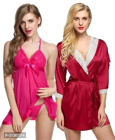 Women Pink,Red Designed Babydoll Sexy Lingerie Set Honeymoon Nighty Anniversary Night Dress