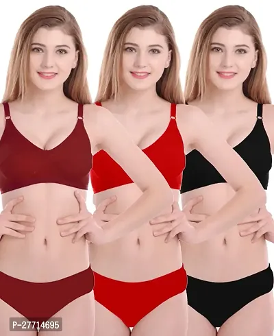 Women Cotton Bra Panty Set for Lingerie Set Pack of 3  Color : Maroon,Red,Black-thumb0