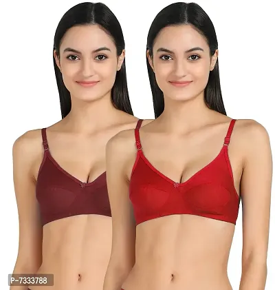 Women T-Shirt Cotton Non Padded Non-Wired Bra (Pack of 2) (Maroon,Red)