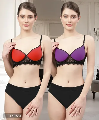 Stylish Women Red, Purple Cotton Bra Panty Set - Pack of 2