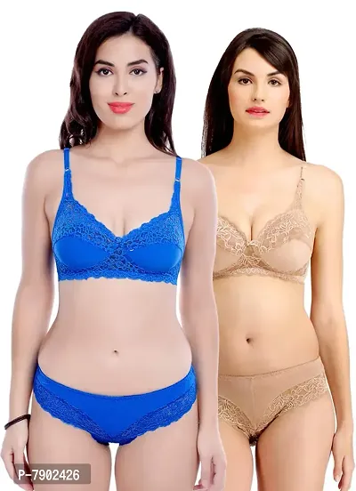 Fashion Comfortz Non Padded Wirefree Bra and Panty Set for Woman Blue,Brown