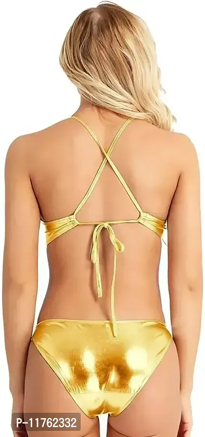 Stylish Golden Satin Self Pattern Bra And Panty Set For Women-thumb2