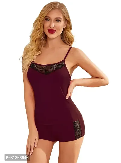 Women Maroon Designed Babydoll Sexy Lingerie Set Honeymoon Nighty Anniversary Night Dress