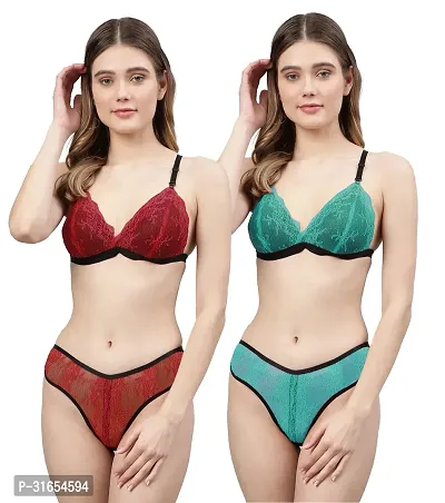 PIBU-Women Red,Green Net Bra Panty Set|Lingerie Set|Honeymoon Night Dress Wedding|Valentine Beautiful Gift for Girl|Bra Panty Set for Women with Sexy|Bra Panty Set for Women-thumb0