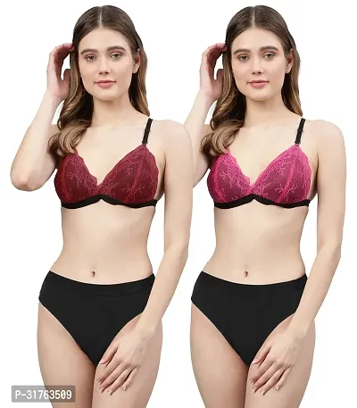 Stylish Women Maroon, Pink Net Bra Panty Set - Pack of 2-thumb0