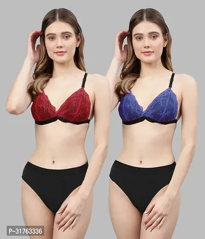 Stylish Women Red, Blue Net Bra Panty Set - Pack of 2